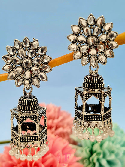 Oxodised Kundan Silver Jhumka Earring