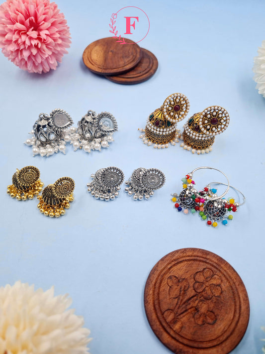 Box of 5 Big and Small Jhumka Earrings With Free Surprise Gift